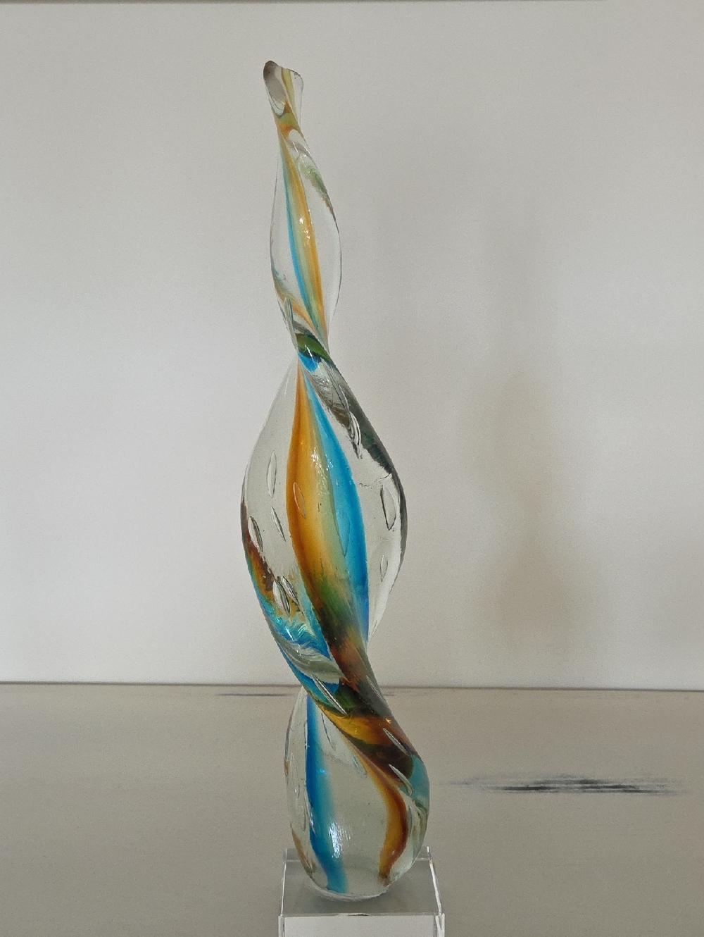 Handblown Glass Sculpture - Blue & Amber Twisted Art Piece